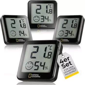National Geographic Thermo-/Hygrometer Tempy 4er-Set, schwarz