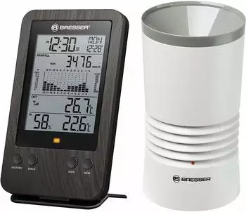 Bresser Wetterstation Funk mit Au&szlig;ensensor WTW Profi Regenmesser in Holzoptik