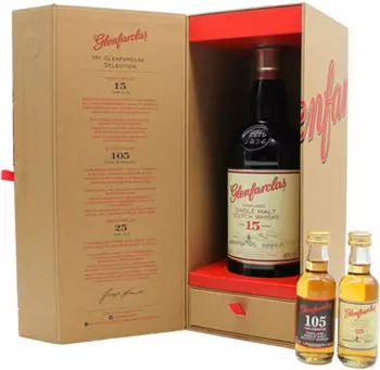 Glenfarclas 15 Jahre 46% 0,7l + 25 Years & 105Cask Strength Miniatur Set