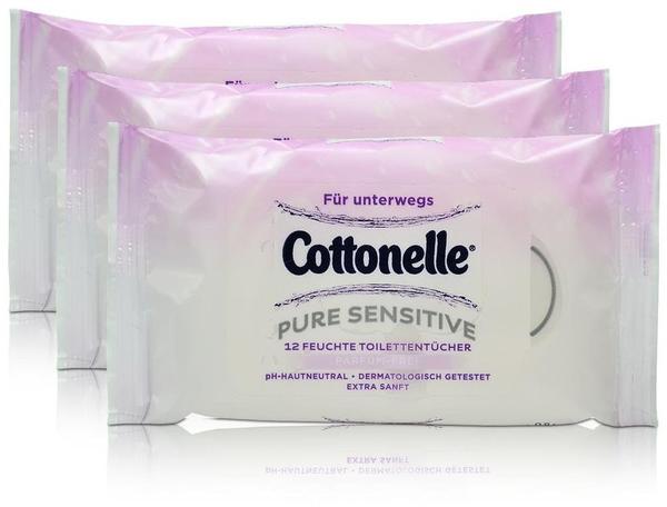 Cottonelle 3x Cottonelle feuchte Toilettentücher Pure Sensitive Parfüm-Frei 12 Tücher für unterwegs