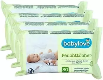 Babylove Feuchttücher mit Aloe Vera & Kamille-Extrakt (4 x 80 Stück) Babylove Feuchttücher mit Aloe Vera & Kamille-Extrakt (4 x 80 Stück)