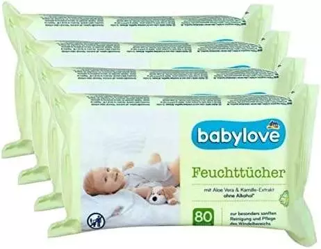 Babylove Feuchttücher mit Aloe Vera & Kamille-Extrakt (4 x 80 Stück)