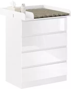Woltu Wickelkommode mit abnehmbarer Wickelauflage, 4 Schubladen, wei&szlig; Hochglanz (W0ETT0019)