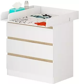 Woltu Wickelkommode mit abnehmbarem Wickelaufsatz, 3 Schubladen, wei&szlig;/Eiche (#2683)