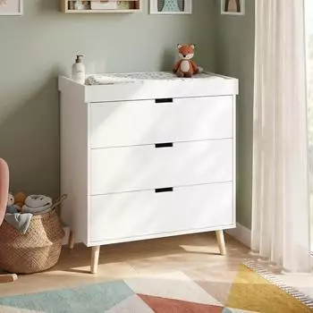 en.casa Sallinrar Wickelkommode mit abnehmbarer Wickelauflage, 3 Schubladen, 92x84x50cm, wei&szlig;