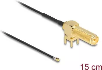 DeLock Antennenkabel RP-SMA 90° PCB Buchse zum Einbau zu I-PEX Inc., MHF® 4L Stecker 1.13 15 cm Gewindelänge 15 mm (12032)