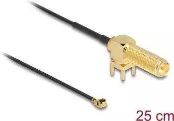 DeLock Antennenkabel RP-SMA 90° PCB Buchse zum Einbau zu I-PEX Inc., MHF® I Stecker 1.13 25 cm Gewindelänge 15 mm (12036)