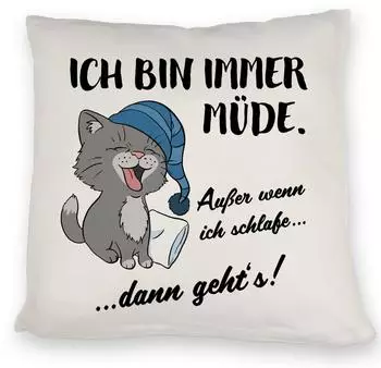 speecheese Dekokissen Katze Kissen mit Spruch- Immer müde außer wenn ich schlafe