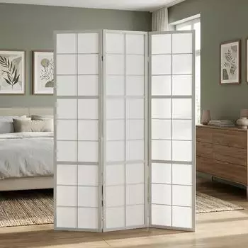 Homestyle4u Paravent Shoji 3-teilig, Reispapier, grau, 179cm (3142)