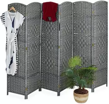 Relaxdays Paravent Holz Papierseil Grau Faltbar Freistehend 170 cm x 240 cm x 2 cm 6,6 kg
