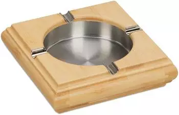 Relaxdays Tischaschenbecher Bambus Edelstahl Natur Silber Rutschfest 4 cm x 15 cm x 15 cm 0,37 kg