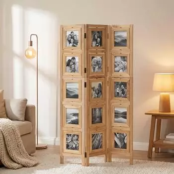 Homestyle4u Paravent Raumteiler 3-teilig Fotowand Holz, braun (971)
