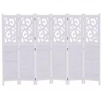 MCW Paravent T568 Ornamente Klappbar Paulownia Holz 170x240cm Weiß