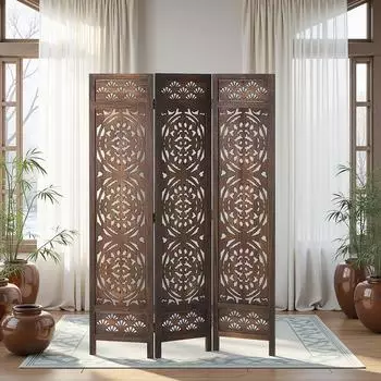 Homestyle4u Paravent Raumteiler Braun Ornament-Design Sichtschutz Trennwand 3037