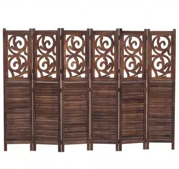 MCW Paravent T568 Ornamente Klappbar Paulownia Holz 170x240cm Braun