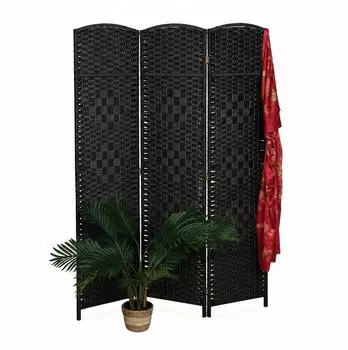 Relaxdays Paravent Holz Papierseil Schwarz 3-teilig Faltbar 170 cm x 120 cm x 2 cm 3,2 kg
