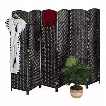 Relaxdays Paravent Holz Papierseil Schwarz 6-teilig Faltbar Freistehend 170 cm x 240 cm x 2 cm 6,6 kg