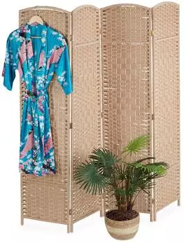 Relaxdays Paravent Holz Papierseil Natur Vierteilig Zusammenfaltbar 170 cm x 160 cm x 2 cm 4,3 kg