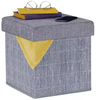 Relaxdays Sitzhocker mit Stauraum, gepolstert, faltbar, Bambus, grau (10042366)