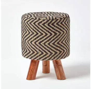 Homescapes Jute-Hocker rund Ethno-Muster Schwarz-Natur 3 Holzbeine