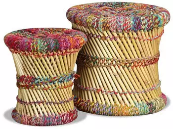 vidaXL Hocker mit Chindi-Details, Bambus, Mehrfarbig, 2er-Set (244216)