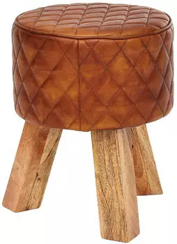 Finebuy Sitzhocker Echtleder 35x46x35 cm Fu&szlig;hocker Rund Lederhocker Massivholz