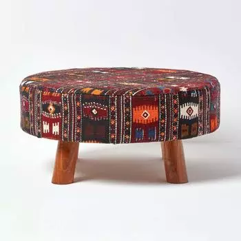 Homescapes Kilim Fu&szlig;hocker mit Holzbeinen, Baumwolle, Multicolor (62x62x32cm)