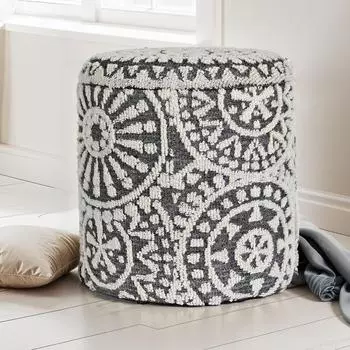 Finebuy Aufbewahrungshocker Boho rund &Oslash;40cm, Wolle grau-creme (FB111622)