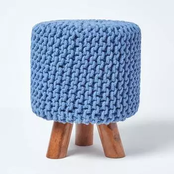 Homescapes Hocker gestrickt Baumwolle mit Holzbeinen, blau