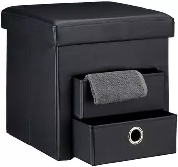 Relaxdays Sitzhocker faltbar, Kunstleder, 2 Fächer, schwarz/silber
