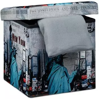 Relaxdays Sitzhocker mit Stauraum, faltbar, New York-Motiv (38cm)