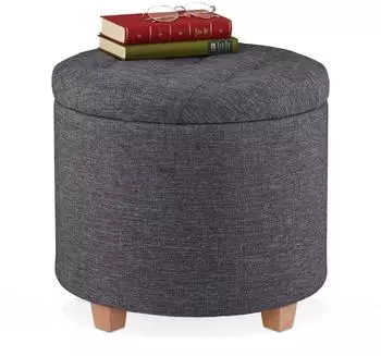 Relaxdays Sitzhocker rund mit Stauraum, gepolstert, Leinen-Optik, dunkelgrau, 41x44cm