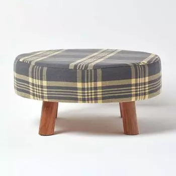 Homescapes Tartan Fu&szlig;hocker, rund, grau/gelb, Holzbeine (SF1575)