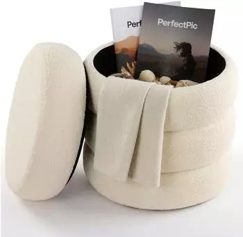 Arebos Sitzhocker mit Stauraum Boucl&eacute;, creme, &Oslash;42cm, 120kg (AR-HE-SHB42C)