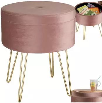 TecTake Ava Sitzhocker mit Stauraum, Samt, rund, rosa (300kg)