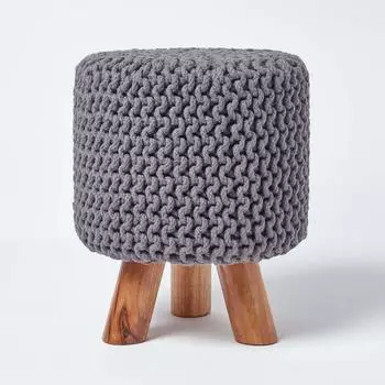 Homescapes Strick-Hocker mit Beinen, Baumwolle, grau, rund (32x42x32cm)