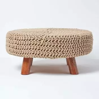 Homescapes Runder Strick-Hocker auf Beinen, Baumwolle, leinen, &Oslash;62x30cm