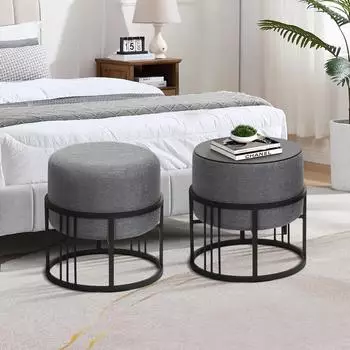 en.casa Tas Sitzhocker 2er-Set, stapelbar, rund, dunkelgrau, Metall/MDF, 38x38cm