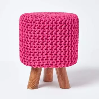 Homescapes Strick-Hocker mit Holzbeinen, Baumwolle, pink, rund, 32x42x32cm