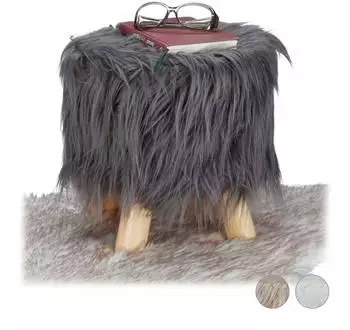 Relaxdays Hocker gepolstert, rund, grau, Kunstfell (31x31cm)