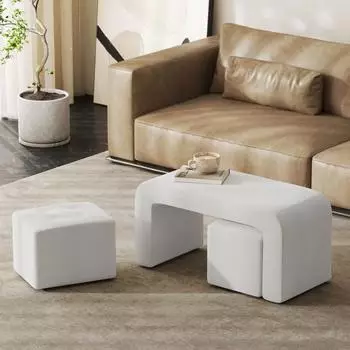 HomCom Sitzbank mit 3 Hockern, Ottomane mit Knopfheftung, weiß (89x42,5x45cm)