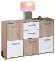 Sideboard Mit F&uuml;nf T&uuml;ren Und Zwei Schubladen Im Mittelteil, Farbe Wei&szlig; Und Eiche,