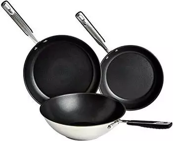 AmazonBasics Brat- und Wokpfannen-Set 3-teilig Antihaft Induktion Edelstahl 24/28/28cm (111604OB860)