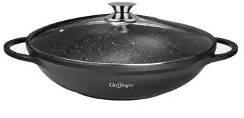 Cheffinger Wokpfanne Aluguss mit Glasdeckel marmorbeschichtet &Oslash; 40 cm