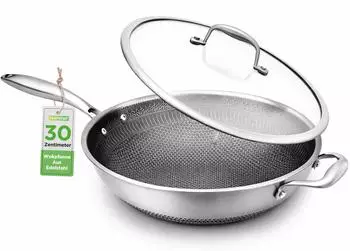 NutriChef Wokpfanne 30cm Edelstahl Antihaft Glasdeckel Induktionsgeeignet (NCS3PWOK)