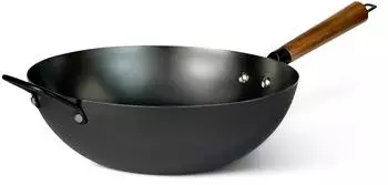 AmazonBasics Wok Kohlenstoffstahl mit Akazienholzgriff, vorgewürzt, 32cm (SU01CSN441)
