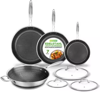 NutriChef NC3PLY7S 7-teiliges Edelstahl-Kochgeschirr-Set mit Wok, antihaftbeschichtet, Induktion & ofengeeignet (NC3PLY7S)