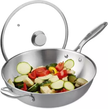 Relaxdays Wok Edelstahl unbeschichtet Glasdeckel &Oslash; 32 cm Silber
