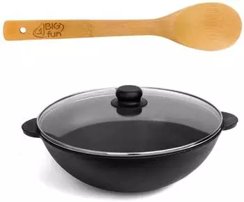 Brizoll Wok 28cm, 3,7L, Gusseisen, mit Glasdeckel und Kochl&ouml;ffel (BZ-W28+Glasdeckel28+KL-B)