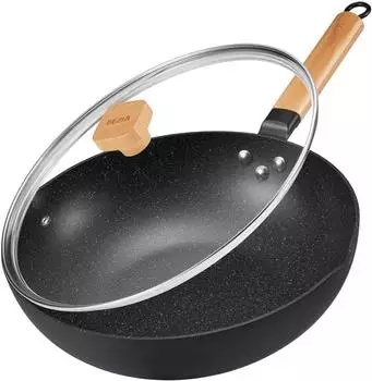 LuxusKollektion Induktions-Wokpfanne 30cm Granitbeschichtung, abnehmbarer Holzgriff